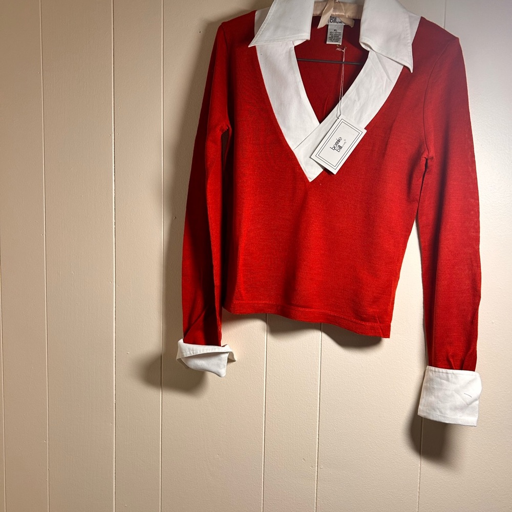 Vintage Style Red Collared Knit Top XL Bonnie & Billy Preppy Cottagecore - Picture 2 of 11